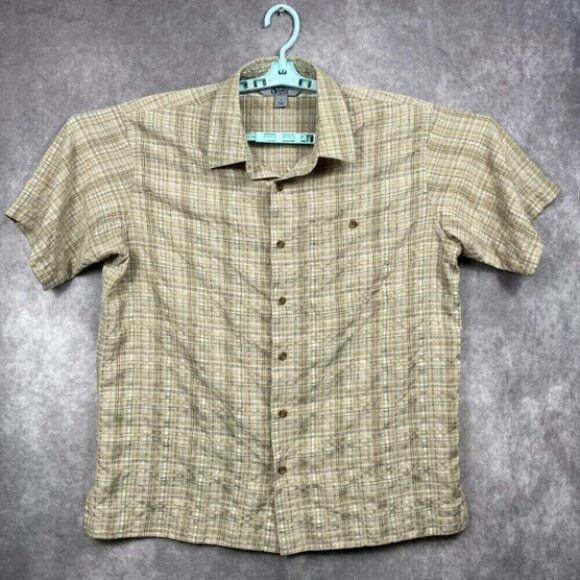 Gander Mountain Shirt Mens Large Tan Plaid Textured Modal Blend Cool Lightweight - Picture 1 of 10